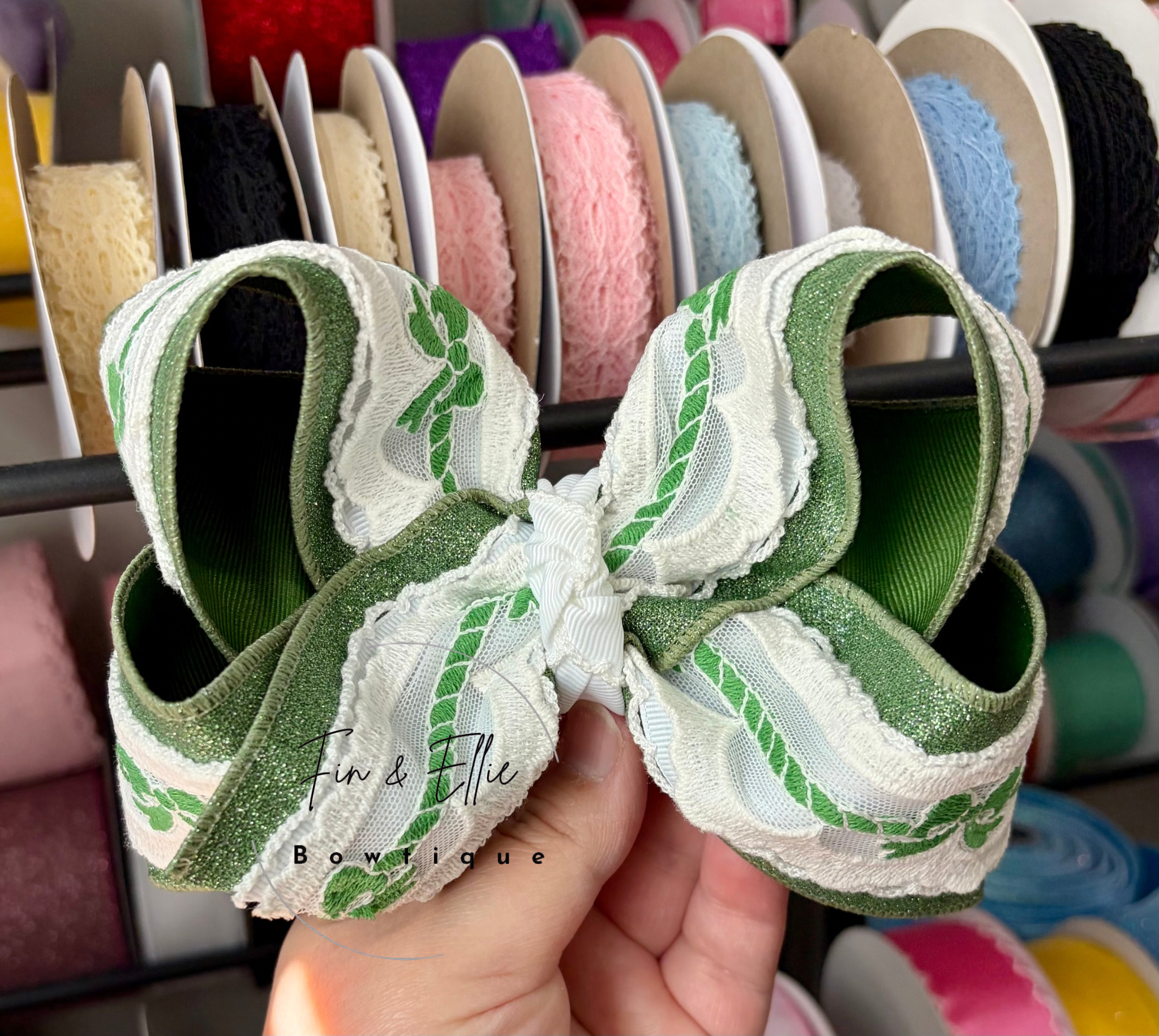 6” Sage Glitter Bow Lace Bow