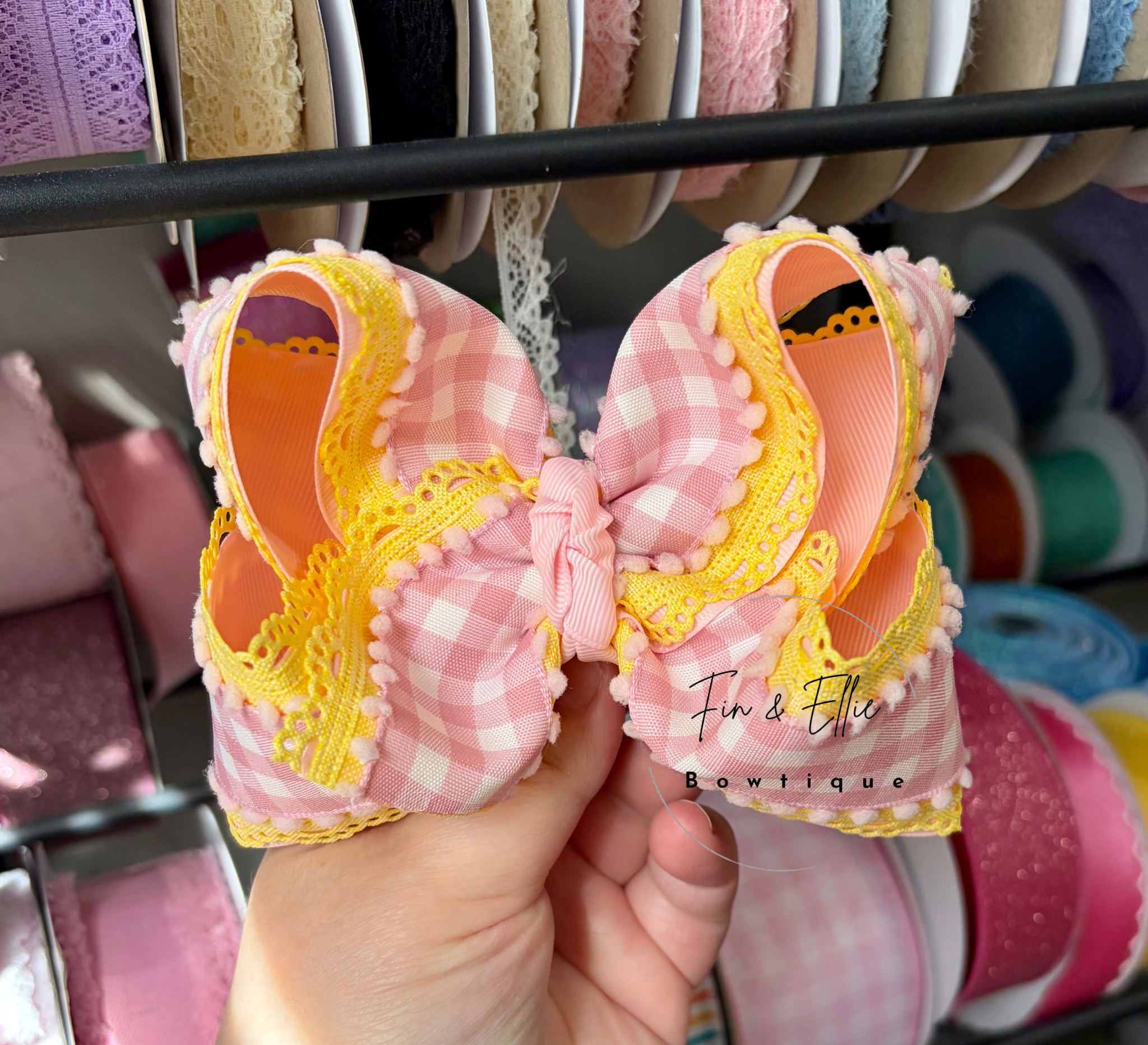 5” Yellow/ Pink Gingham Bow