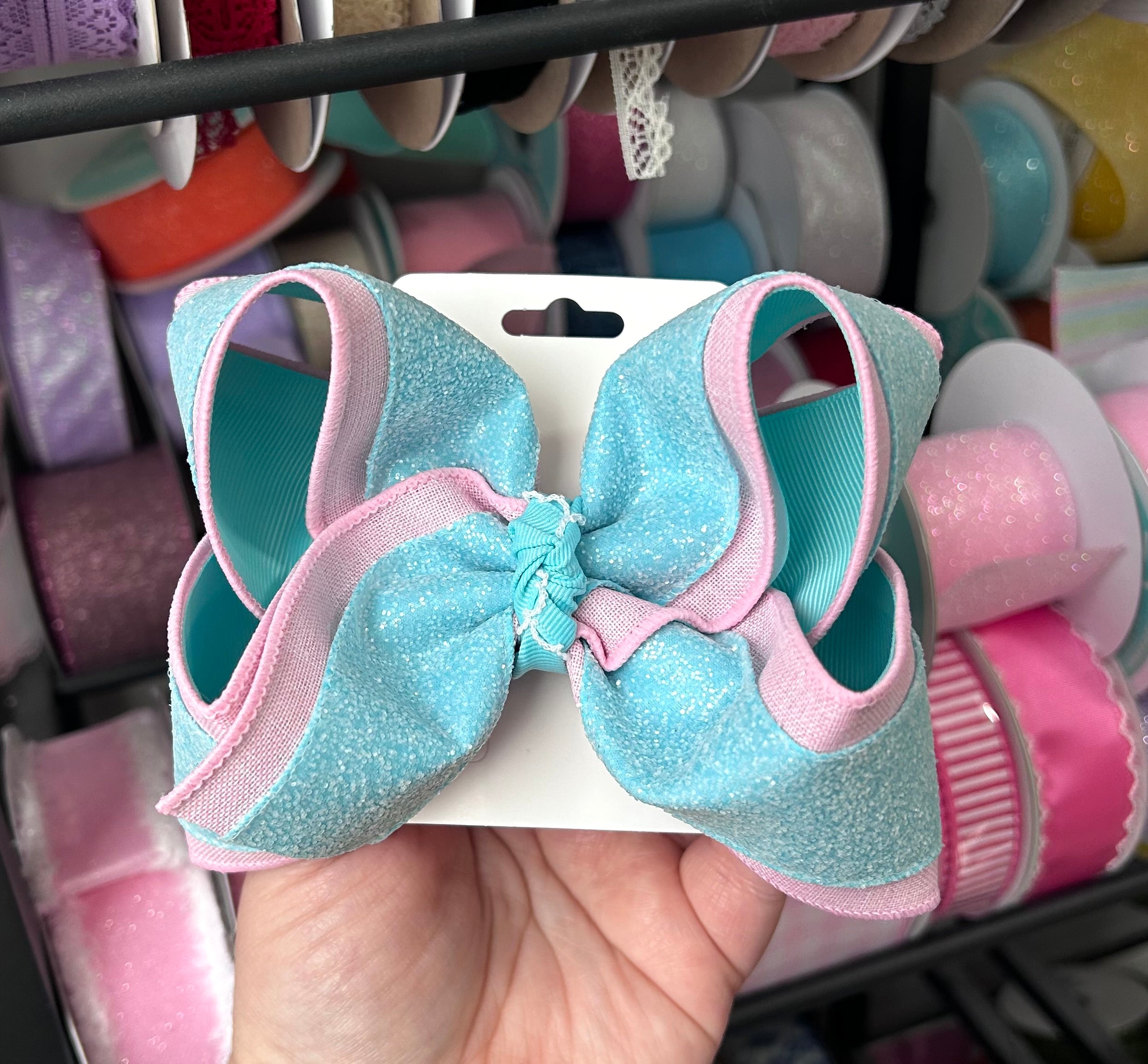 5” Aqua/ Pink glitter bow